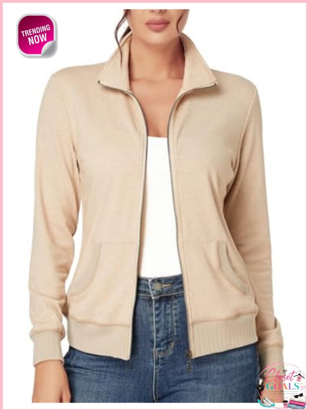 Zip Up Stand Collar Track Jacket Long Sleeve Athletic Running Pockets